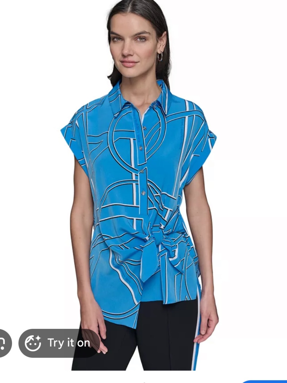 Karl Lagerfeld Blue Geometric Tie-Front  cap Sleeve Blouse sz small